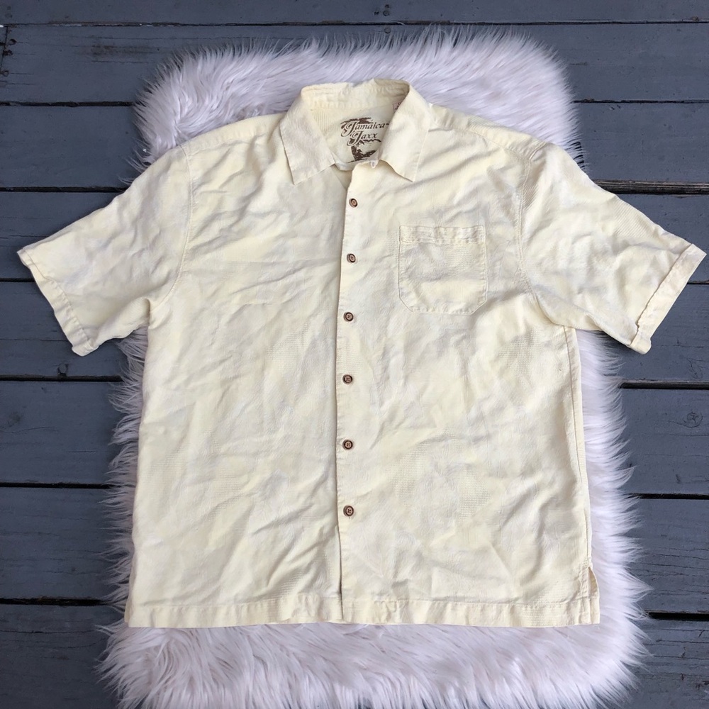 Jamaica Jaxx 100% Silk Yellow Pineapple Leaves Textured Button Down Mens Shirt L